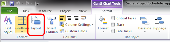 Gantt Format Ribbon -> Layout