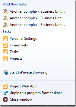 Workflow tasks in IE9 Jumplist