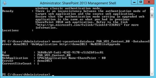 Mount-SPContentDatabase output