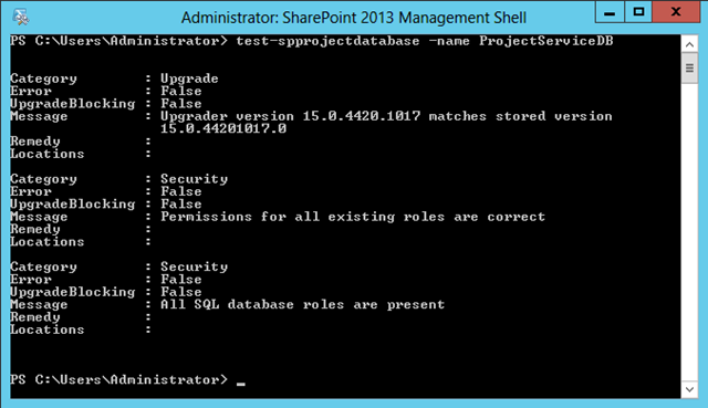 Test-SPProjectDatabase Output