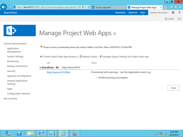 Manage Project Web Apps - Warning