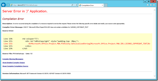 Compilation Error – Microsoft.Office.Project.PWA.IDS does not contain a definition for ‘Licence_Copyright_Text’