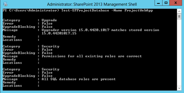 Test-SPProjectDatabase Output