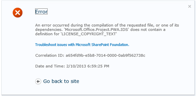 Compilation Error – Microsoft.Office.Project.PWA.IDS does not contain a definition for ‘Licence_Copyright_Text’