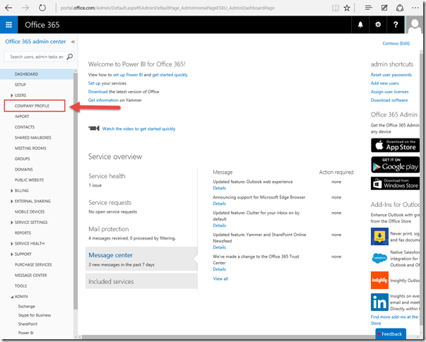 Office 365 Admin Center